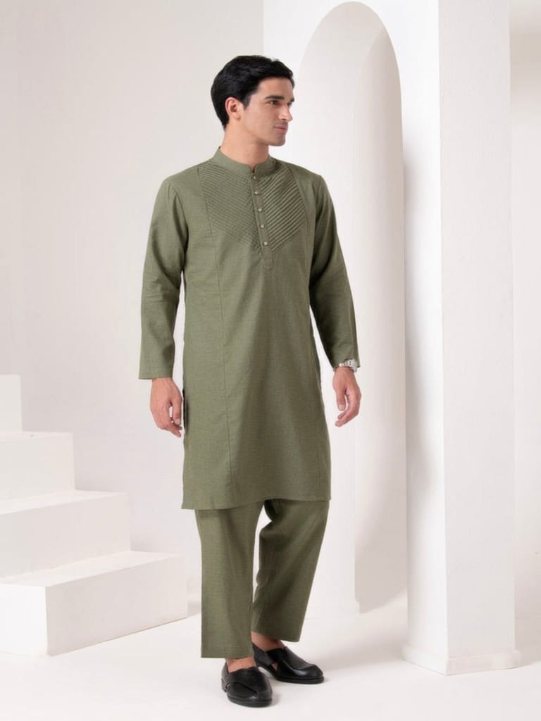 Olive Pleated Kurta Set