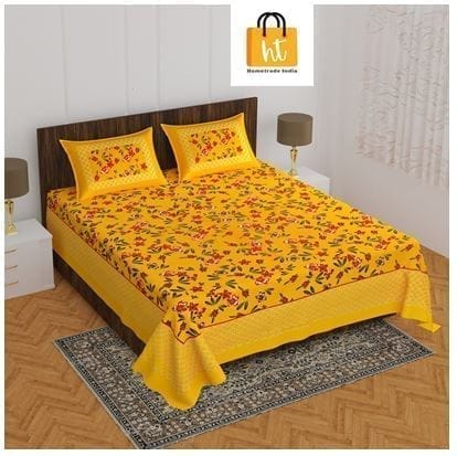 3001-Hometrade India-Standard King Size (90*108 Inches)-Buy Pure Cotton Jaipuri Printed Flat King Size Double Bedsheet With 2 Matching Pillow Cover