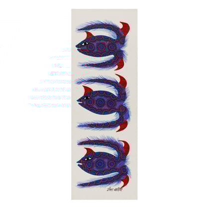 Bhil Painting - 14.5" x 5.5"-14.5inches x 5.5inches / Blue & Red / Thick Card Paper