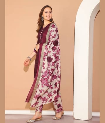 wonder weave Women Cotton Blend Printed Straight Kurti With Patiala Salwar ( Purple )