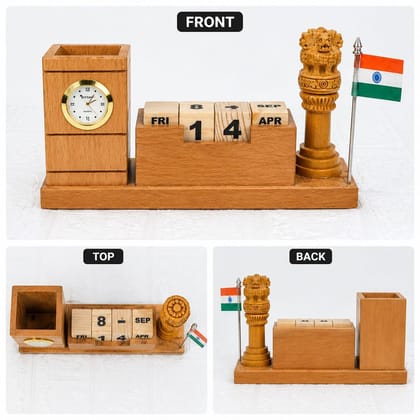 Indian Heritage Ashoka Lion Symbol Wooden Pen Stand with Clock