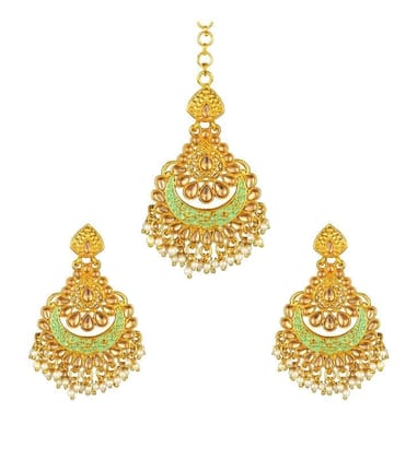 Generic Women's Rose Gold Plated Alloy Kundan Earrings & Mangtikka-PID47383