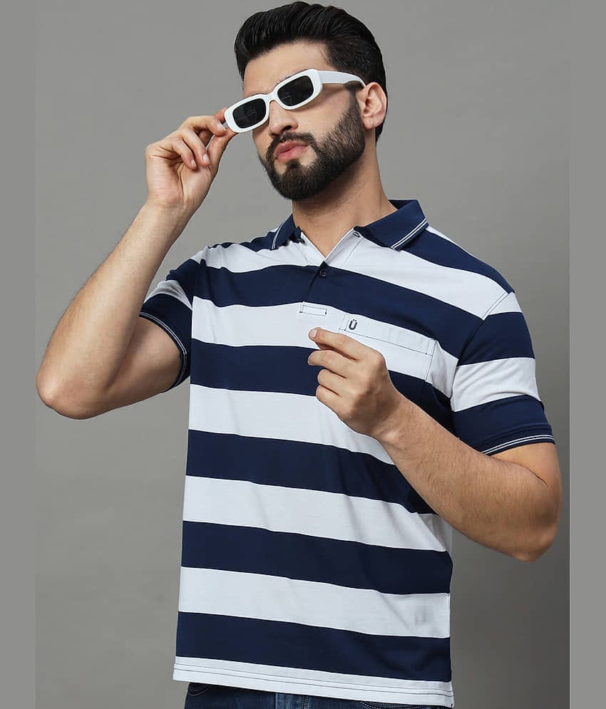 UNIBERRY Pack of 1 Cotton Blend Regular Fit Striped Half Sleeves Men's Polo T Shirt ( Navy Blue )