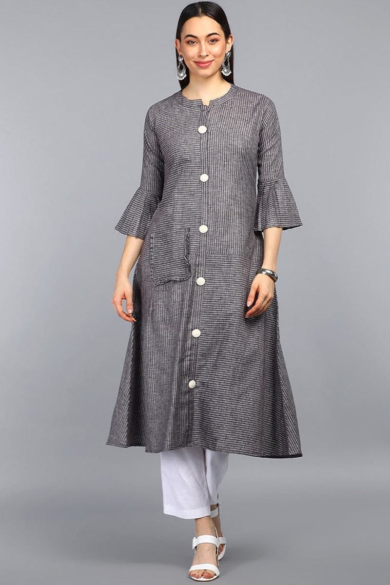Women Charcoal Grey & White Striped A Line Kurta VCK8026