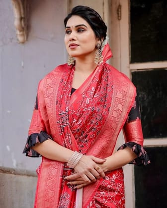Fiery Red Tussar Silk Saree with Ornamental Motifs and Detailed Zari Pallu-Regular