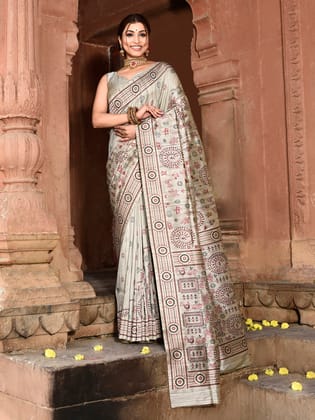 Dusty Grey Pure Tussar Silk Warli Pattern Embroidery Saree
