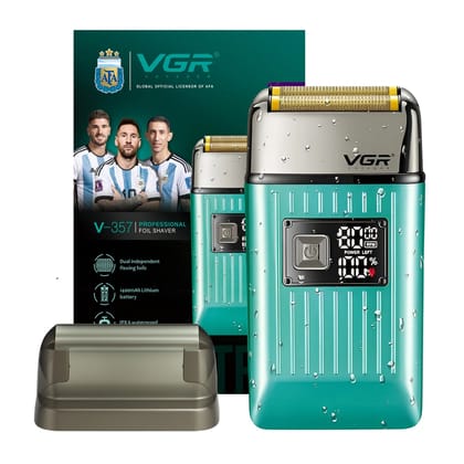 VGR V-357 Professional Foil Shaver for Men, Dual Flexing Foils, 1400mAh Battery, IPX-6 Waterproof, LED Display, Wet & Dry Use, Includes Extra Foils & Travel Pouch with 1 Year Warranty- Green VGR V-357 Professional Foil Shaver for Men, Dual Flexing Foils,