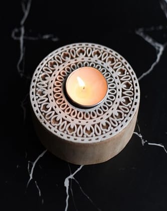 Aesthetic Living Rangoli Wooden T- Light Holder (with Pack of 6 Unscented Soywax T-Candles)