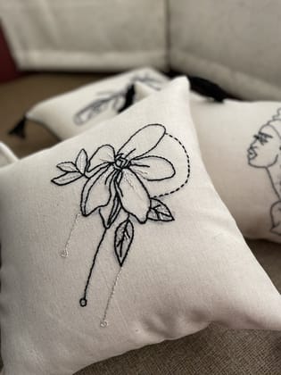 KRI India Lined Flora Cushion cover 16x16" | White & Black | Wash & Care | 100% Cotton | Handcrafted in India. 100% organic & natural.