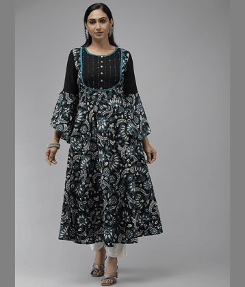 Yash Gallery Cotton Printed Anarkali Women's Kurti - Black ( Pack of 1 )
