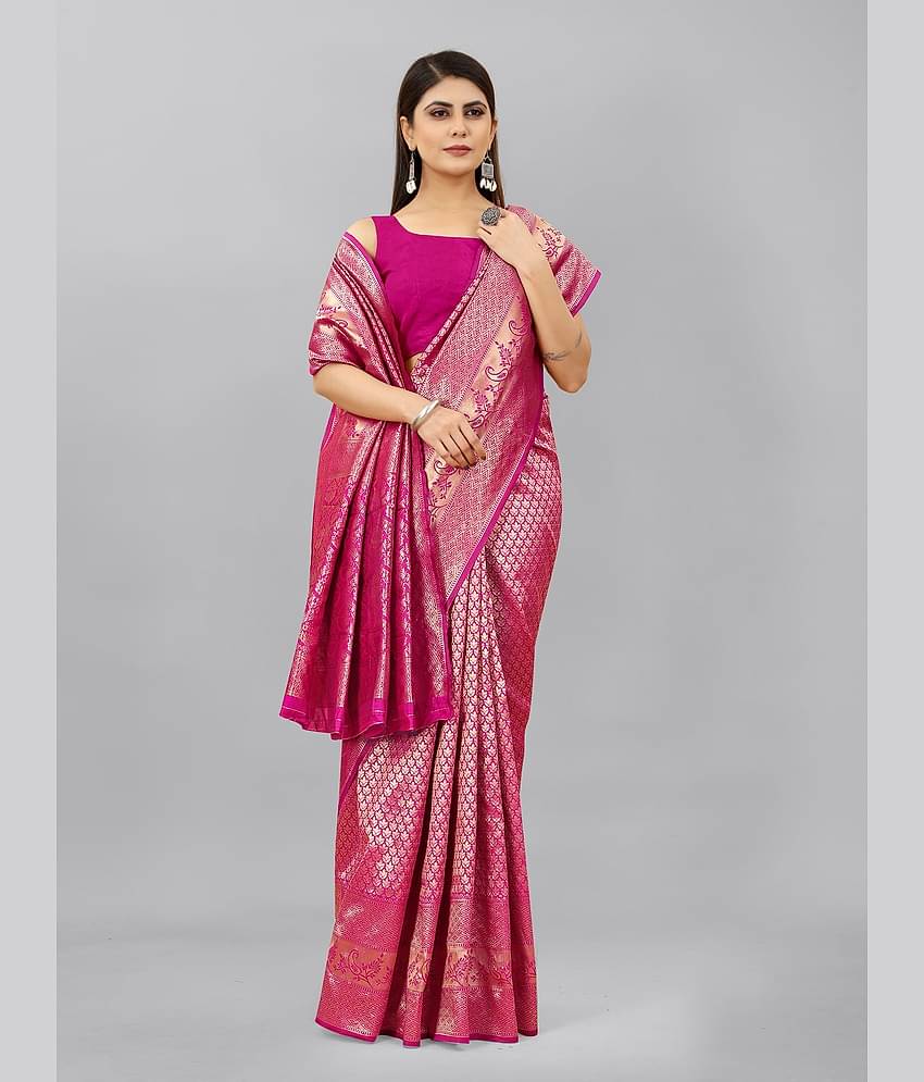 Gazal Fashions Banarasi Silk Embellished Saree With Unstitched Blouse Piece ( Pink )