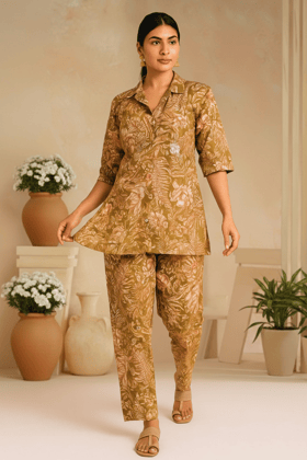 PickCell Olive Printed Delta Fabric Coord Set for Women