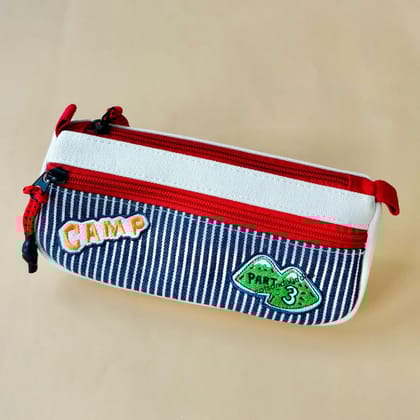 Double Zip Embroidery Design Pencil Pouch for Kids-Cream