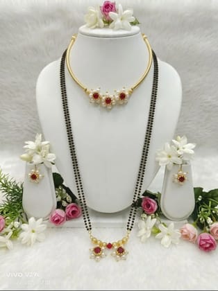 Sari flower necklace set with Earrings and 30" mangalsutra