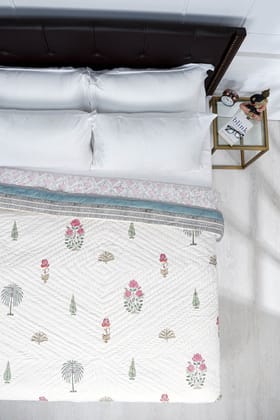 Shabnam Mughal Garden Cotton Muslin Quilt-Single - 60 x 90 in / Pink / Pink