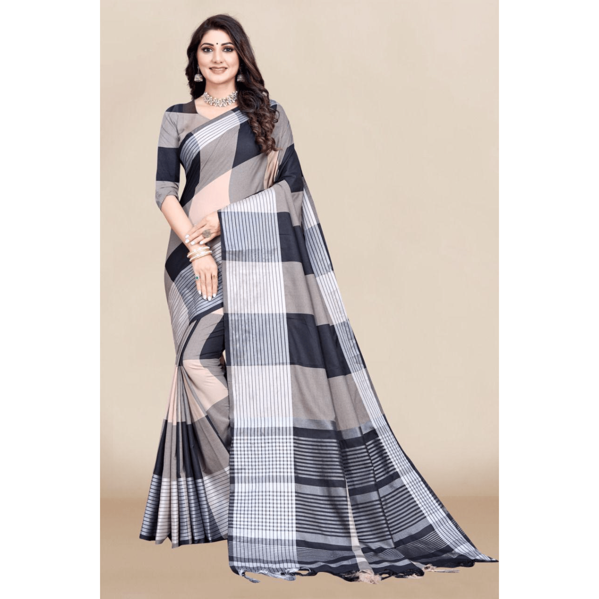 TheHangr Women's Cotton Silk Saree With Blouse Piece & Fancy Jhalar -  Black