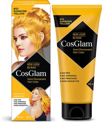 COSGLAM Semi Permanent Hair Color, No Peroxide, Non Oxidative, Ammonia Free Hair Colour 32 Sushine Yellow - 120gm