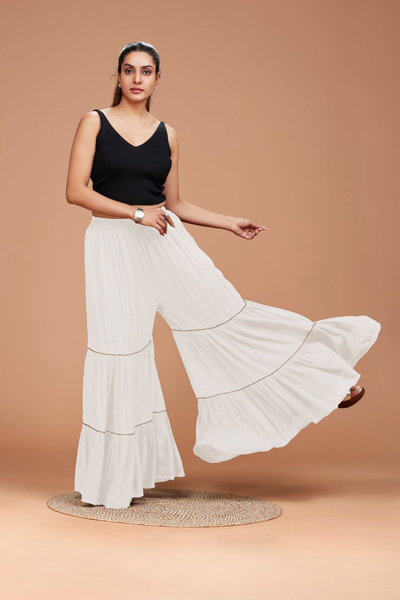 Tiered Sharara Pant - White-WHITE / FS