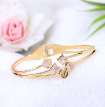 Stainless Steel Gold Plated Multi Clover Design Fancy Kada-