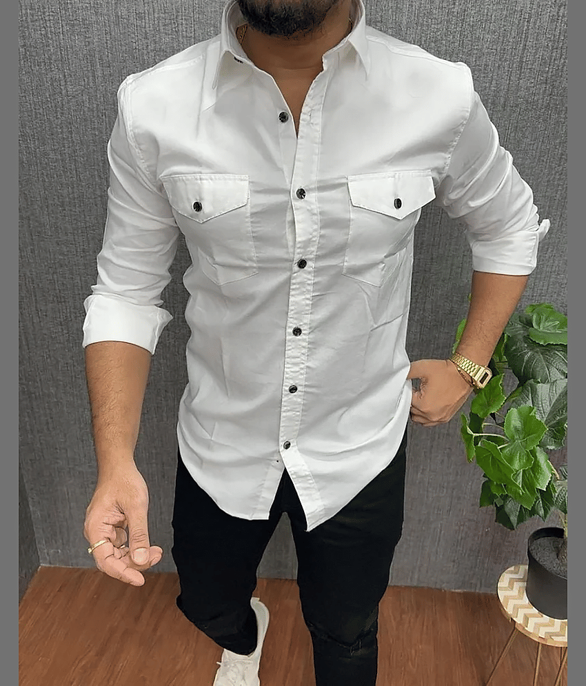 Qlonz store Cotton Blend Regular Fit Solids Full Sleeves Men's Casual Shirt - White ( Pack of 1 )