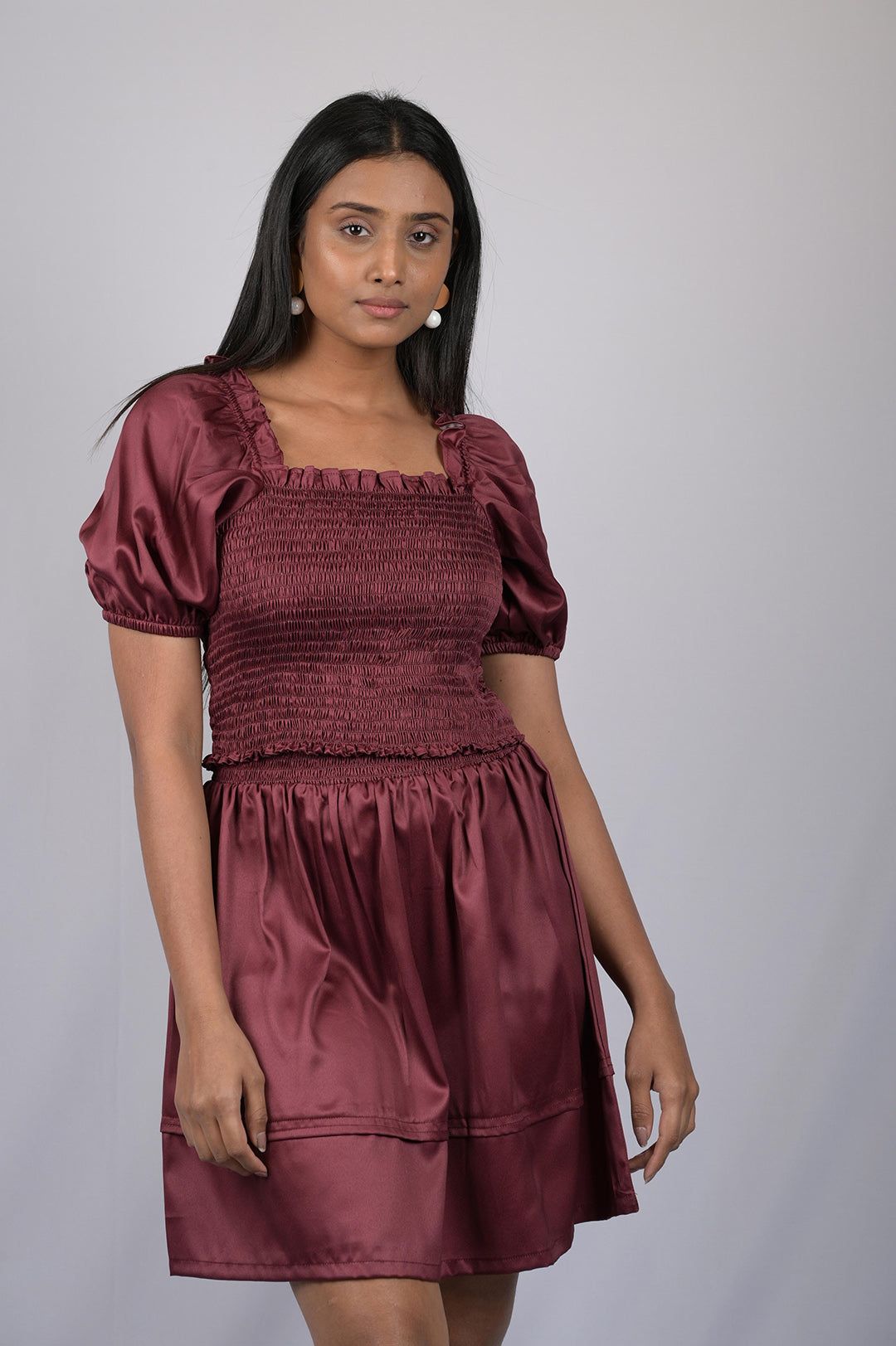 Red Wine Colour Co-ords Skirt And Tops (OTL-CO-RD-1003)-Polyester Satin / S