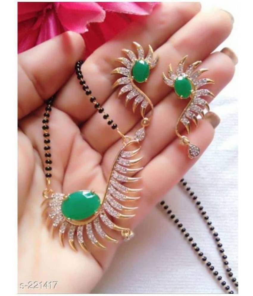 Sunhari jewels Green stone studded mangalsutra set with earring for womens