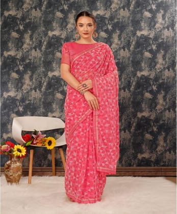 Women's Zomto Printed Saree with Unstitched Blouse (Dark Pink, 5-6 Mtrs)