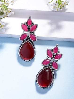 NVR Women Red Artificial Stones Silver Plated Drop Earrings-One Size / Red / Brass