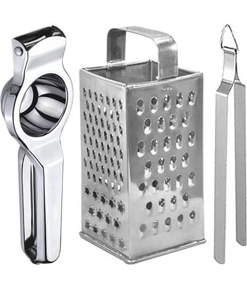 JISUN - Silver Stainless Steel Lemon Squeezer & 8 in 1 Grater & Roti Chimta ( Set of 3 )