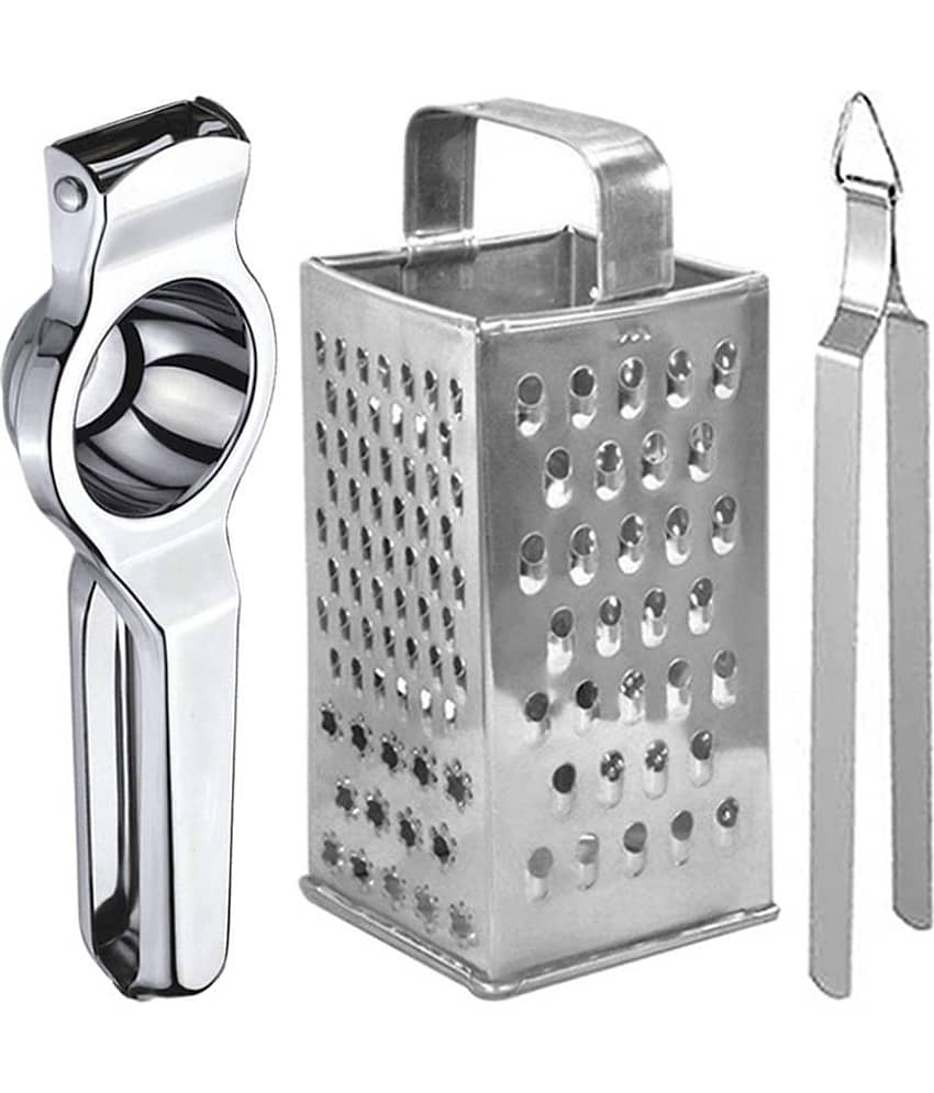 JISUN - Silver Stainless Steel Lemon Squeezer & 8 in 1 Grater & Roti Chimta ( Set of 3 )
