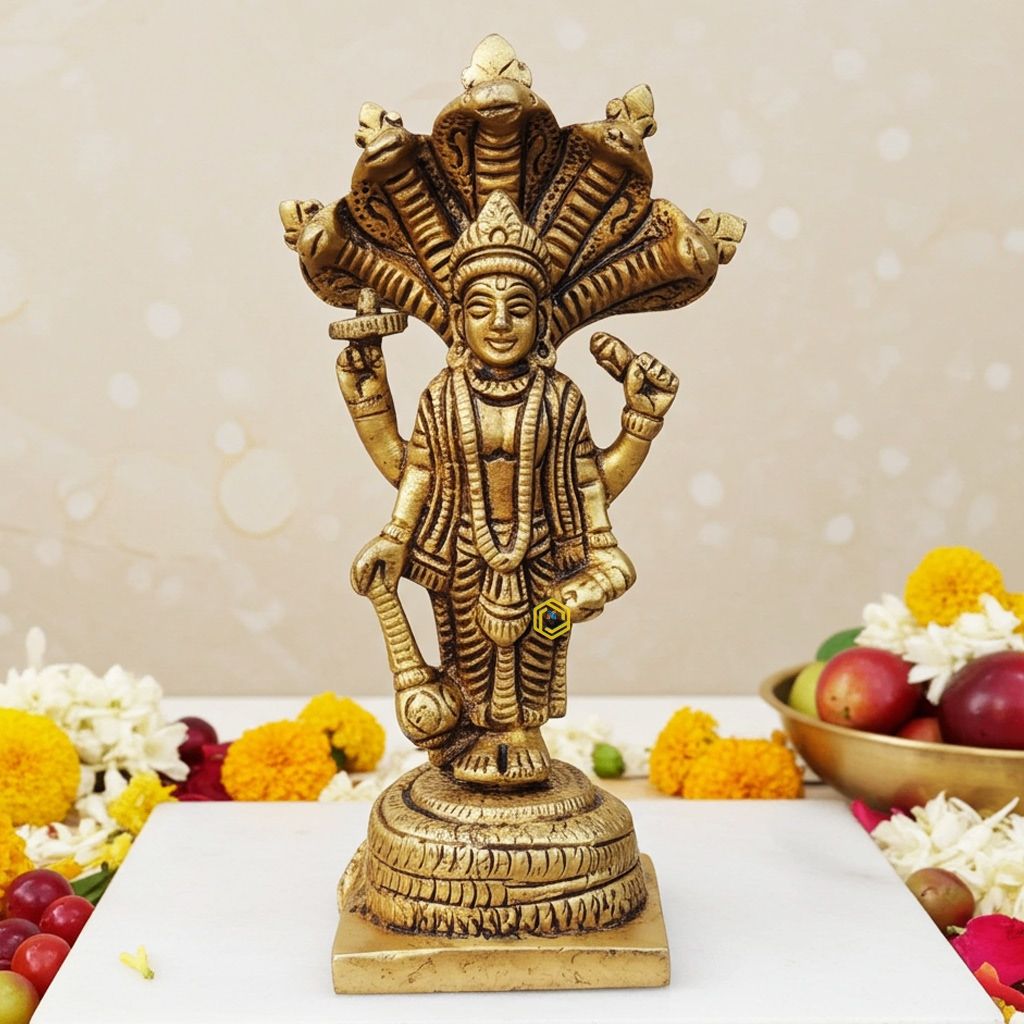 Brass Vishnu God Idol Statue - Traditional Hindu Home Decor, Height : 5 Inch (BSMAS1759 C)