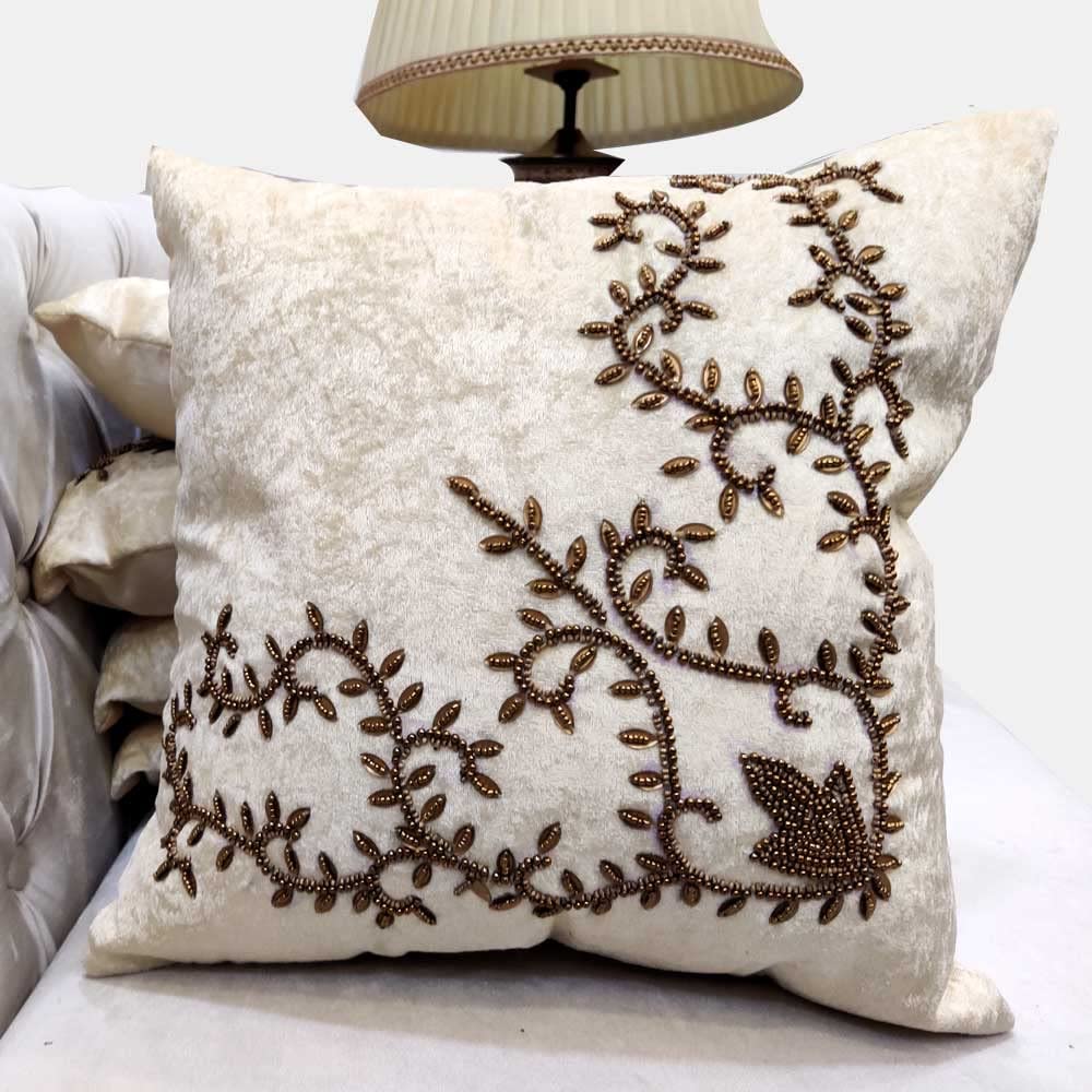Suede White Cream Set of 5 Ethnic Beaded Embroidered Square Combo Cushion Covers for Sofa Home Bedroom (16x16 inch or 40 x 40 cm) - Ethnic Shoes | Buy online on ZillyBuy