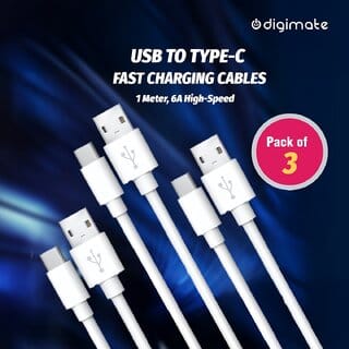 Digimate Pack of 3 USB to Type-C Fast Charging Cables 1 Meter, 6A High-Speed Digimate Pack of 3 USB to Type-C Fast Charging Cables 1 Meter, 6A High-Speed