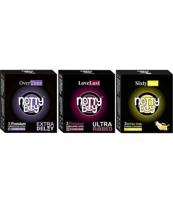 NottyBoy Ultra Ribbed, Extra Delay and Ultra Thin Banana Flavoured Condoms - ( Set of 3, 9 Sheets)