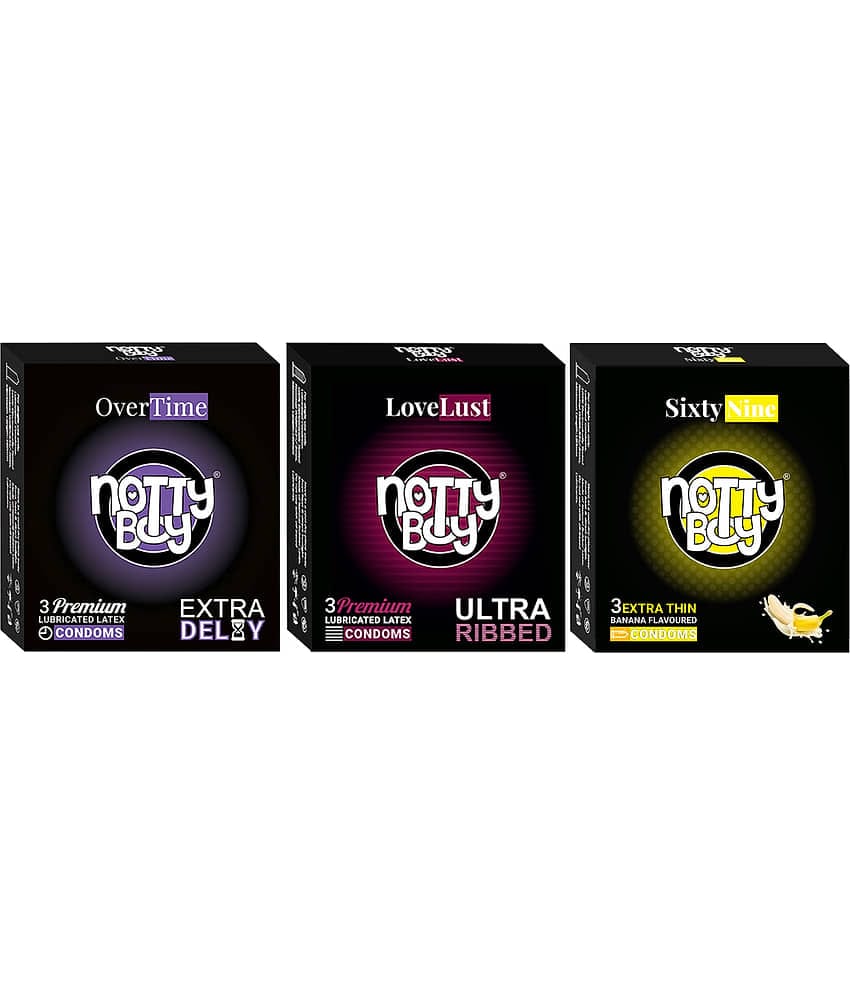 NottyBoy Ultra Ribbed, Extra Delay and Ultra Thin Banana Flavoured Condoms - ( Set of 3, 9 Sheets)
