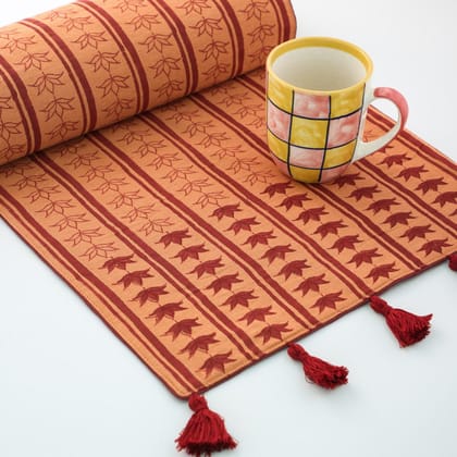 Eyaas Handcrafted Block-Printed Cotton Table Runner in Rust and Maroon  58 x 13 Inches