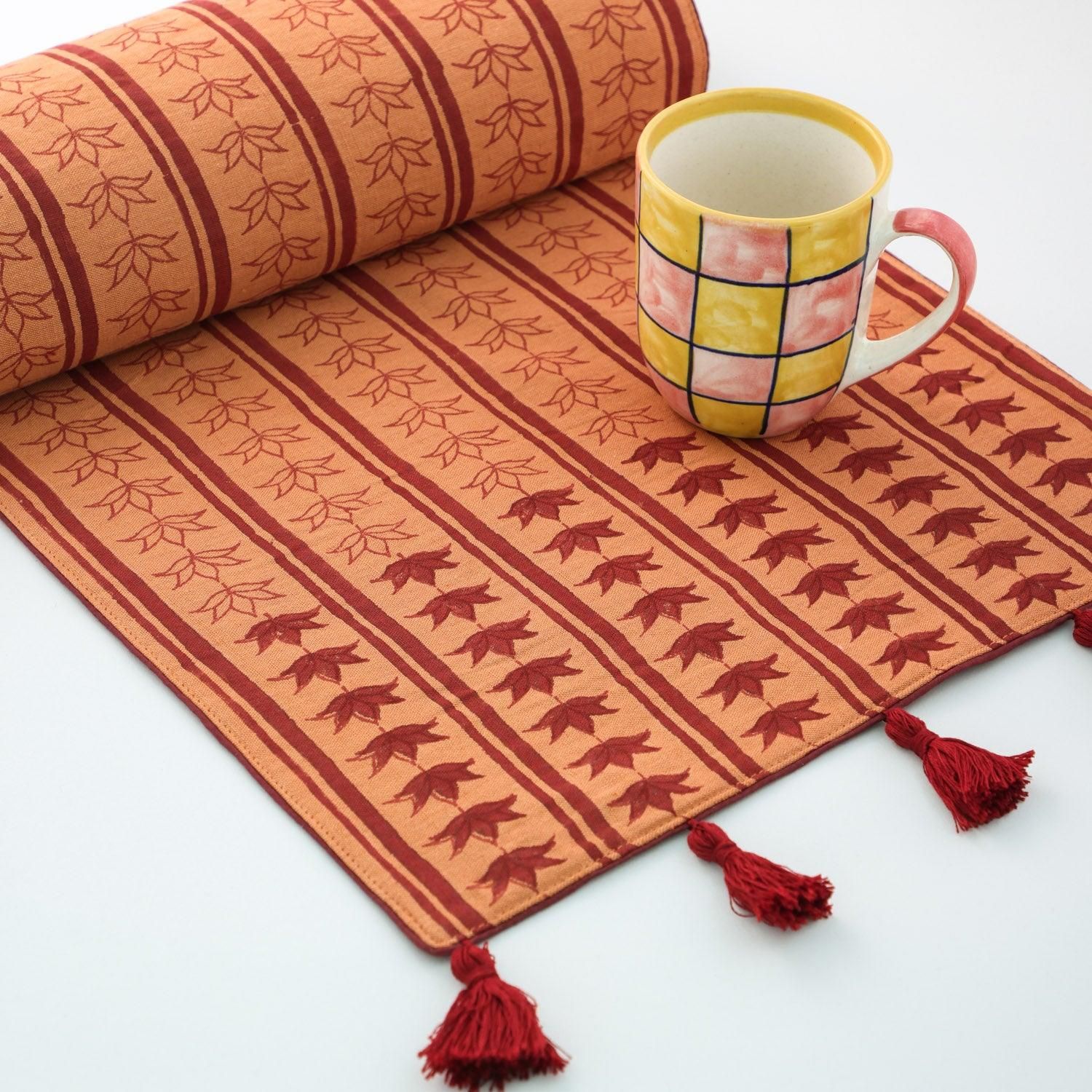 Eyaas Handcrafted Block-Printed Cotton Table Runner in Rust and Maroon  58 x 13 Inches