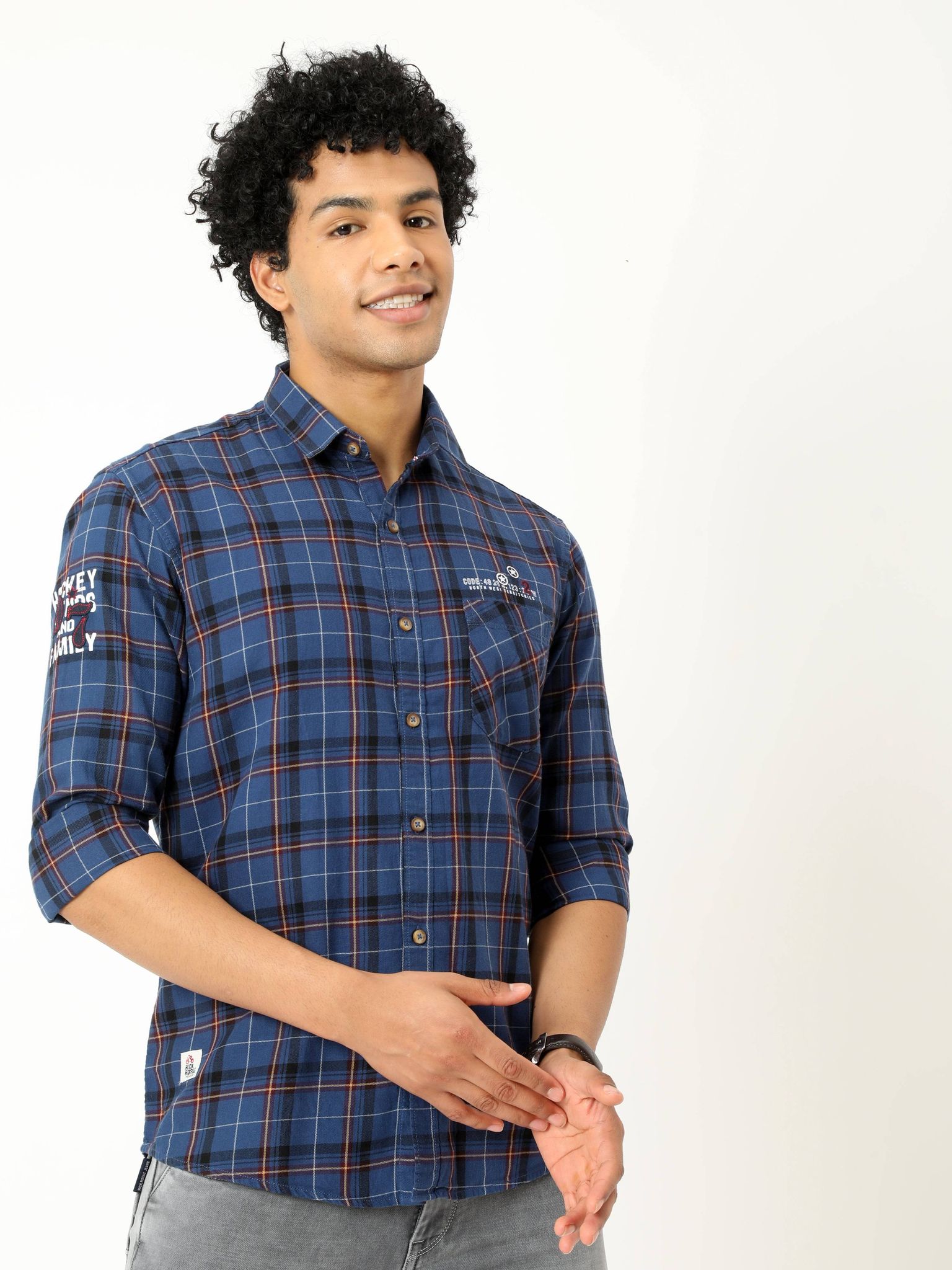 Men's Dark Blue Checked Full Sleeve Shirt | Rick Rogue-M/38