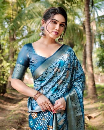 Mesmerizing Blue Tussar Silk Saree with Golden Zari Border and Mosaic-Inspired Pallu Design-Regular