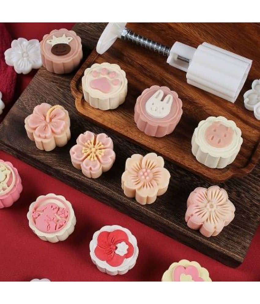 Mooncake Mold Maker Press with 5 Stamps | Traditional Cookie Biscuit Cutter | Flower Shape Pastry Press | DIY Baking Tool for Festival Cakes, Chocolates, Fondant & Kitchen Baking Accessories