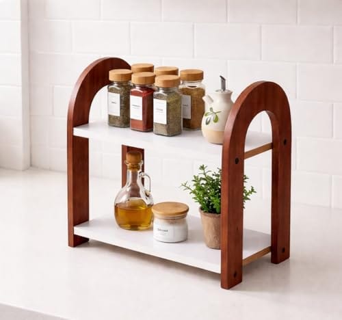 FireBees 2 Tier Kitchen Counter Organizer, Wooden Kitchen Organizer Rack for Spices & Storage, Kitchen Shelf