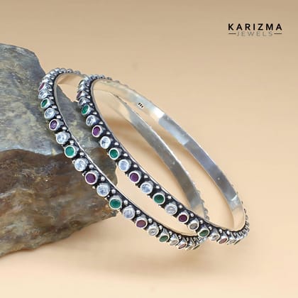 Real 925 Silver handmade Multi CZ Women Oxidized Bangles Pair - 6.4 CM