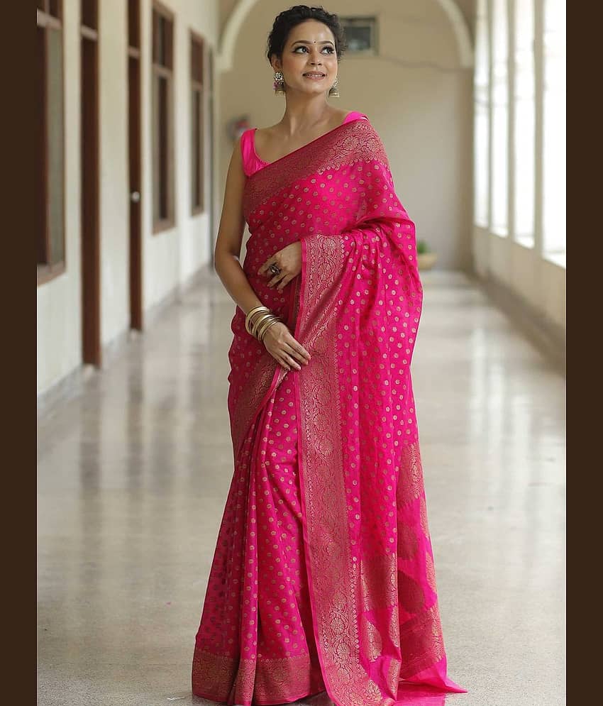 fab woven Art Silk Woven Kanjeevaram Sarees With Unstitched Blouse Piece ( Rani )