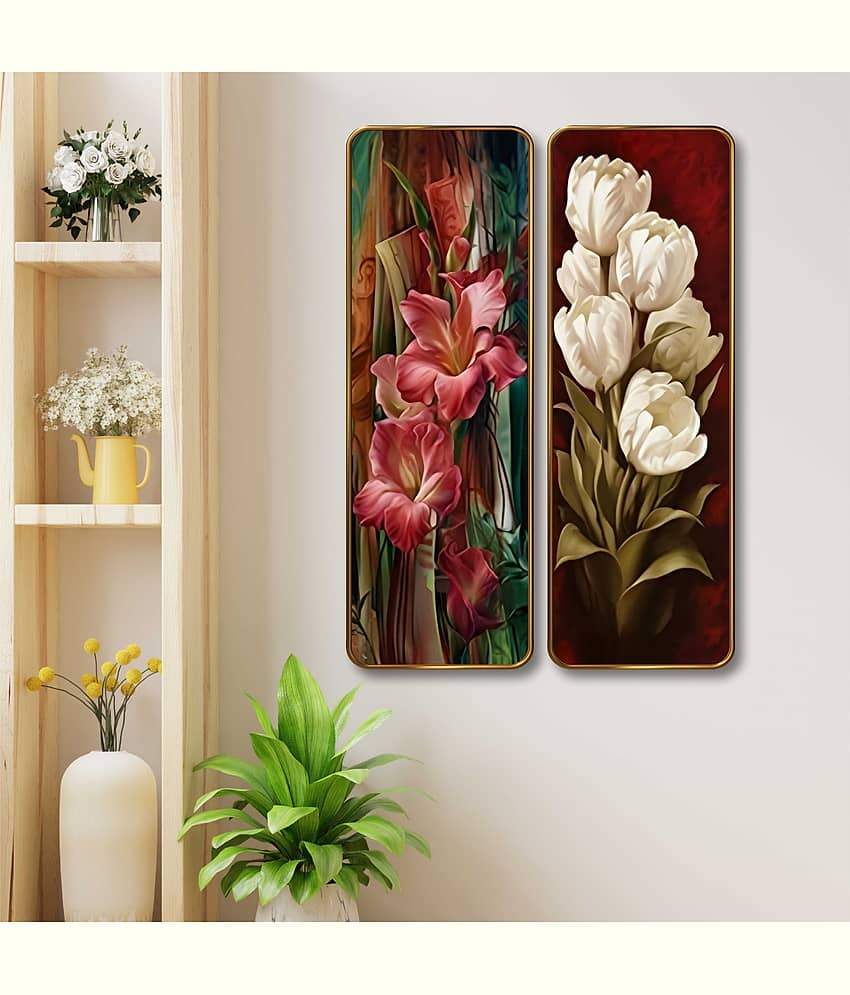 SAF Floral Wall Panel Set of 2 | Pink & White Flower Sparkle Lamination Art | Premium MDF Vertical Wall Décor for Living Room, Bedroom & Hall