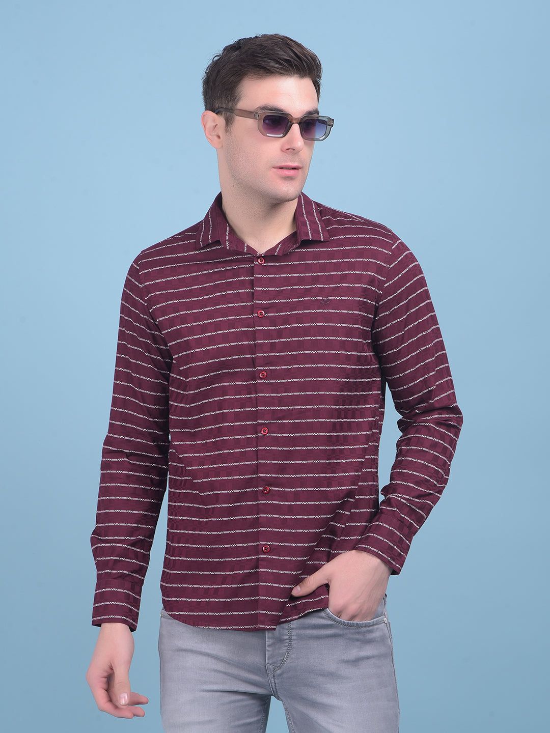 Wine Horizontal Striped 100% Cotton Shirt-L / Red