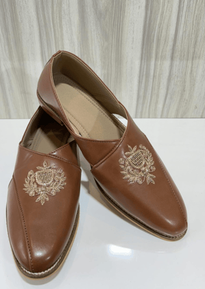 TAN LEATHER HAND EMB LOAFER SHOES FOR MEN-Brown