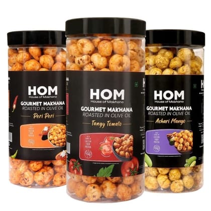 GOURMET MAKHANA Roasted in Olive Oil | Flavors Tangy Tomato, Peri Peri and Achari Mango | Combo Of 3, 65g Each. - 195 gm