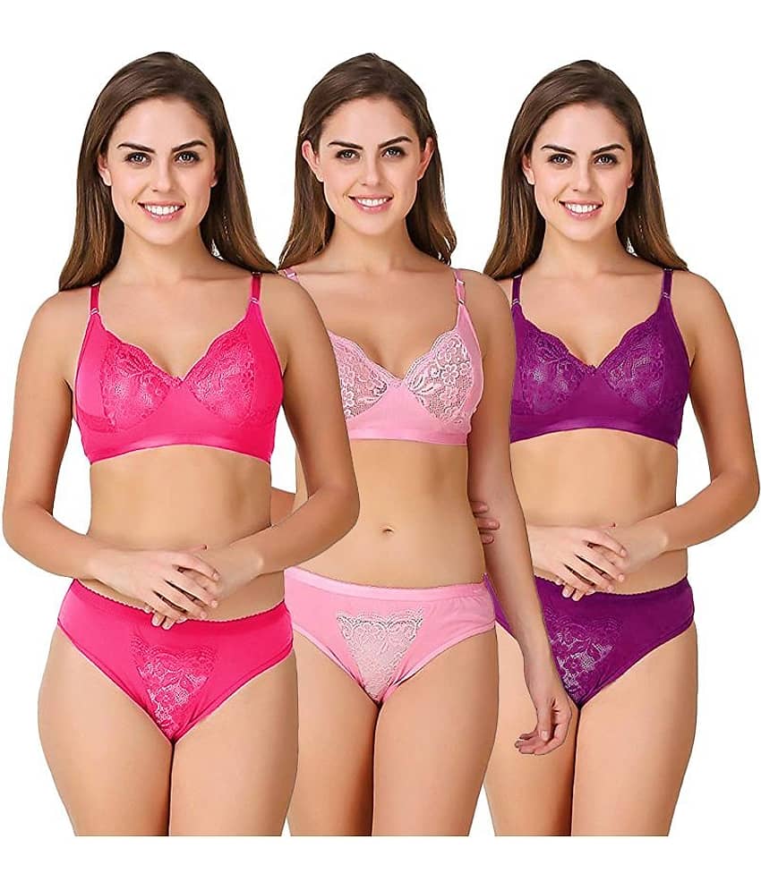 TCG Pack of 3 Cotton Lycra Women's Bra & Panty Set ( Multi Color )