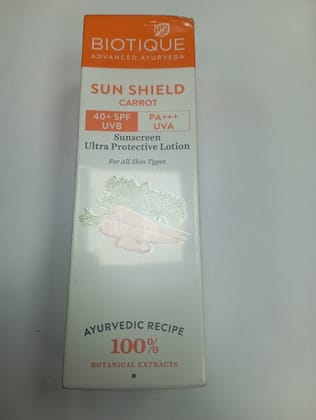 Biotique Advanced ayurvedas Sun shield Carrot 40+ spf Uvb Pa+++ Uva Sunscreen Ultra protective lotion For all skin types Ayurvedic recipe 100% Botanical extracts 