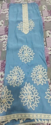 Blue  Applique Embroidered Unstitched Suit Material Set